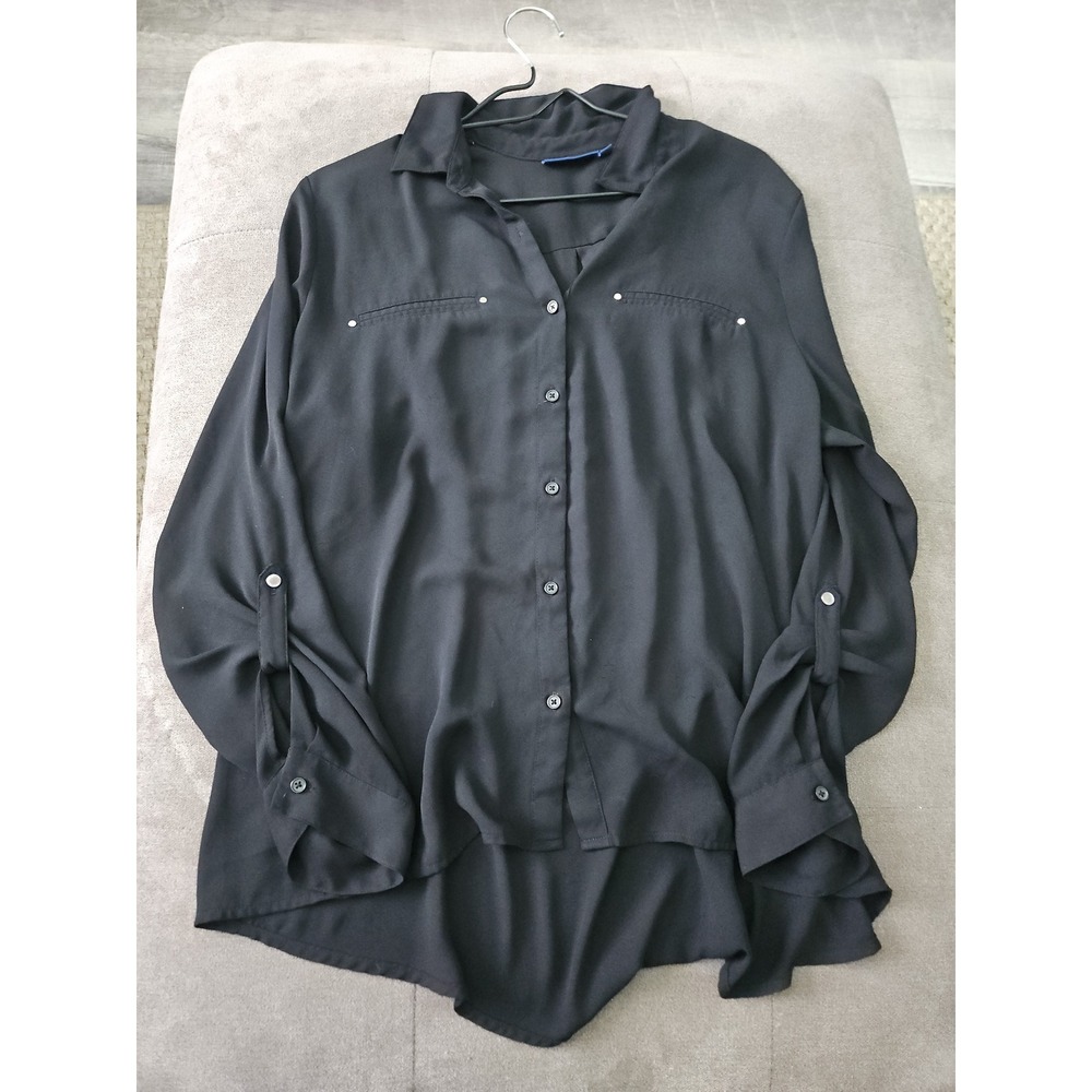 Apt. 9 Black Roll-Tab Sleeve Button Down Blouse XL High-Low Chiffon Top Business